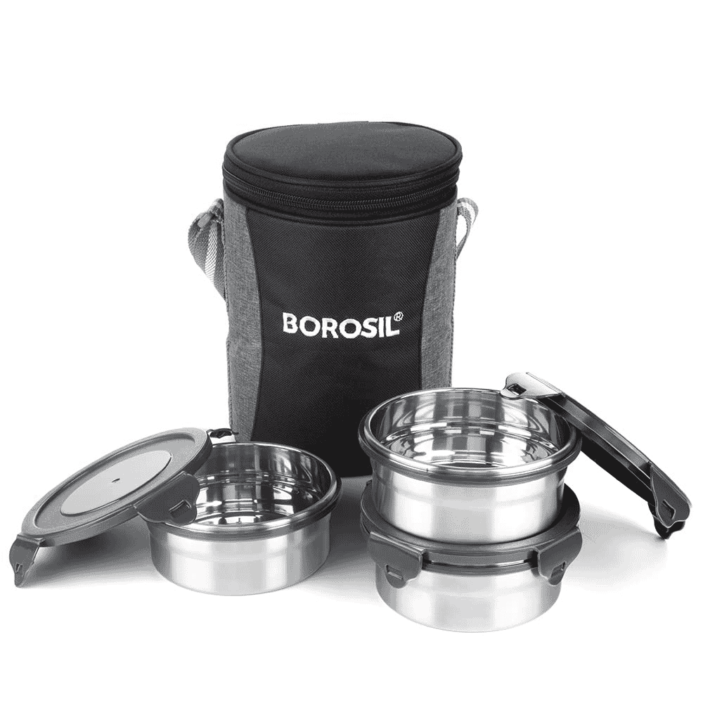 Borosil Stainless Steel Lunch box with Carry Bag Set of 3- Silver- (400 ml x 1, 250 ml x 2)